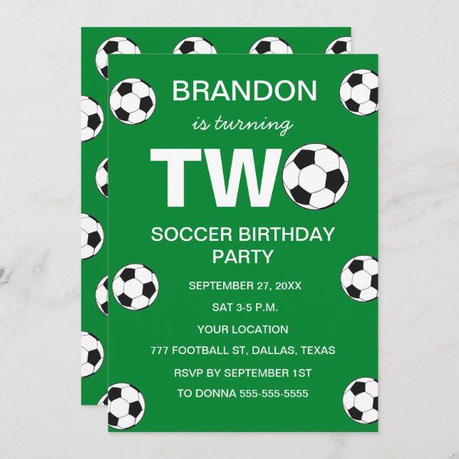 Invitación 2.º Fiesta de cumpleaños Soccer Green Boys Sports (Anverso / Reverso)