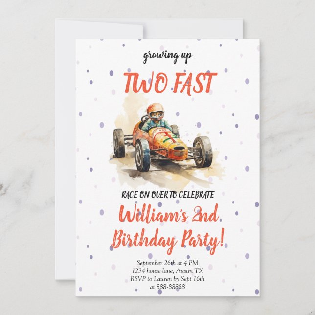 Invitación 2.º Segundo Cumpleaños de Crecer Dos Coches De Car (Anverso)