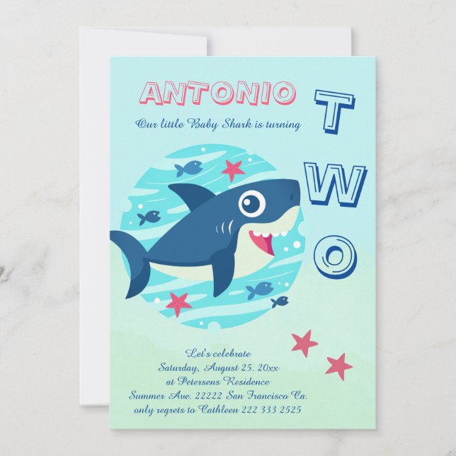 Invitación 2.º tiburón bebé de cumpleaños bajo el mar lindo (Anverso)