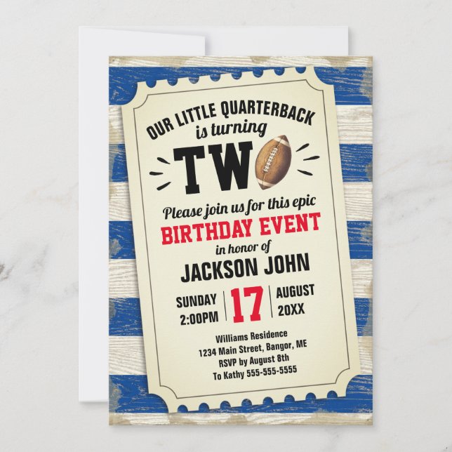 Invitación 2.º Torneo de Fútbol de Cumpleaños Azul Rústico (Anverso)