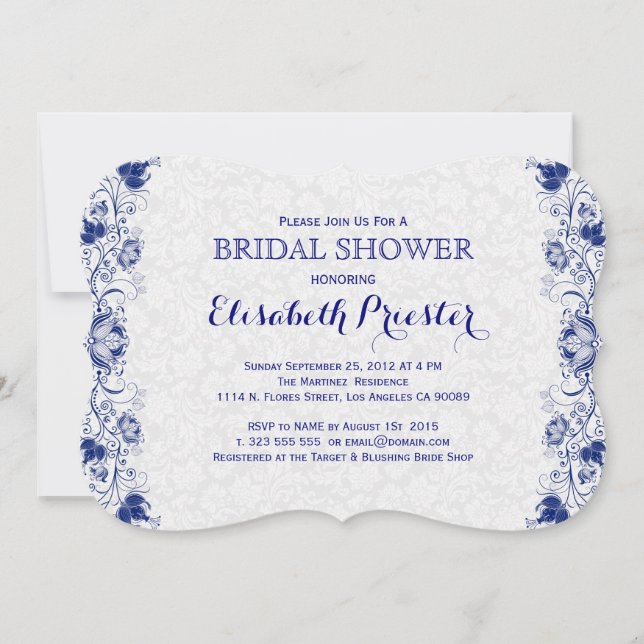 Invitación 2 A La Ducha Bridal De Lace Azul Blanco (Anverso)