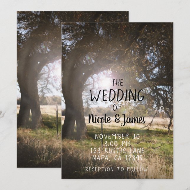 Invitación 2 Árboles Rústicos Noon Dusk Sunset Country Weddin (Anverso / Reverso)