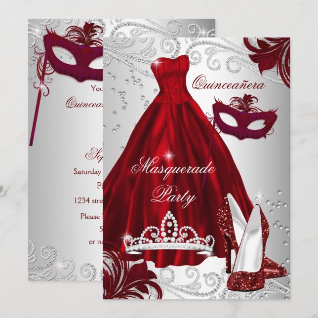 Invitación 2 Bergoña de plata de mascarada Quinceanera (Anverso / Reverso)