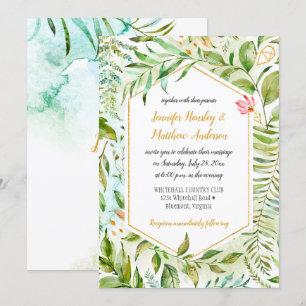 Invitación #2 Boda botánico de oro verde geométrico rosado