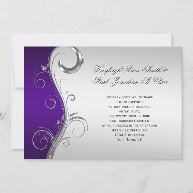 Invitación #2 Boda de Swirls Floral Purple Silver (Anverso)