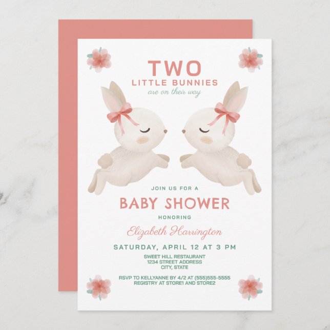Invitación 2 Chicas gemelos pequeños Baby Shower (Anverso / Reverso)