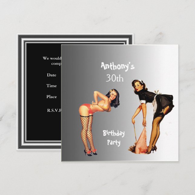 Invitación 2 Chicas Pin-up de Cumpleaños Fiesta Bl (Anverso / Reverso)