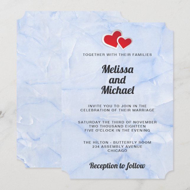 Invitación 2 Corazones de papel rojo en Boda de mármol azul c (Anverso / Reverso)