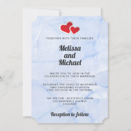 Invitación 2 Corazones de Papel Rojos en Boda de Mármol Azul