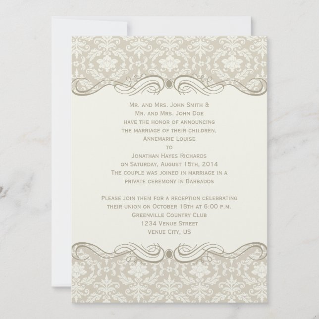 Invitación #2 Cream Tan Damask Swirls Post Boda (Anverso)