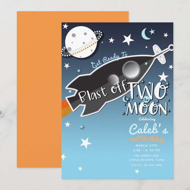 Invitación 2 Dos Cohete Nave Espacial Fiesta de Cumpleaños en (Anverso / Reverso)