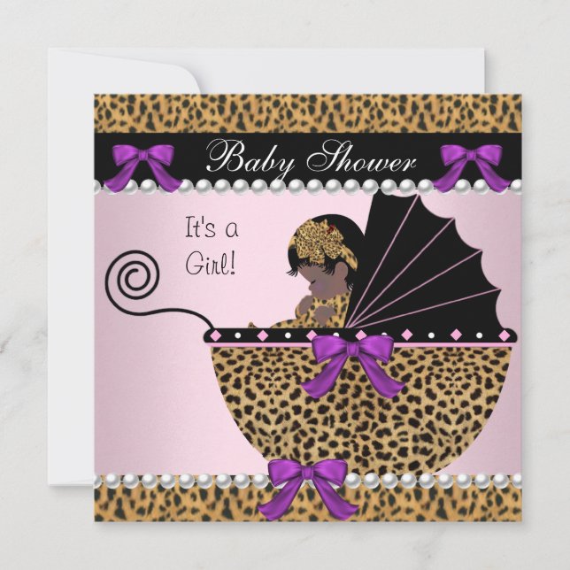 Invitación 2 Ducha de Bebé Niña Bebé Rosa Lazo Leopardo (Anverso)