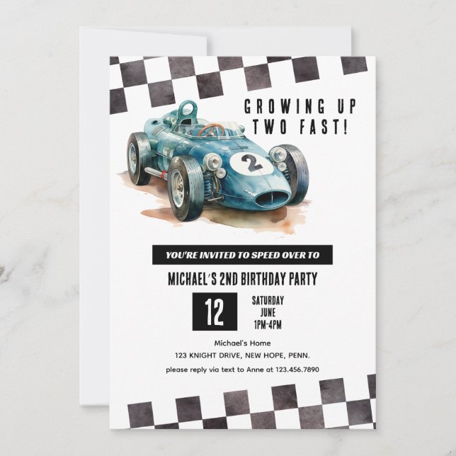 Invitación 2 Fast Race Car 2ª Fiesta de cumpleaños acuarela (Anverso)