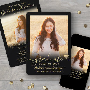 Invitación 2 Fiesta de Graduación Elegante Negro y Dorado