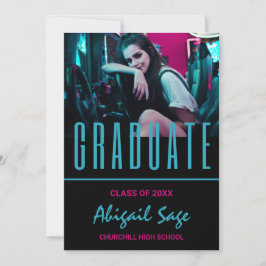 Invitación 2 Foto de moda moderna Aqua Graduación negra rosa