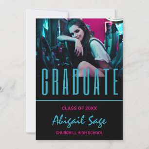 Invitación 2 Foto de moda moderna Aqua Graduación negra rosa