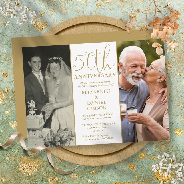 Invitación 2 Foto Entonces Y Ahora 50 Aniversario Boda (2 Photo Then And Now 50th Wedding Anniversary Invitation)