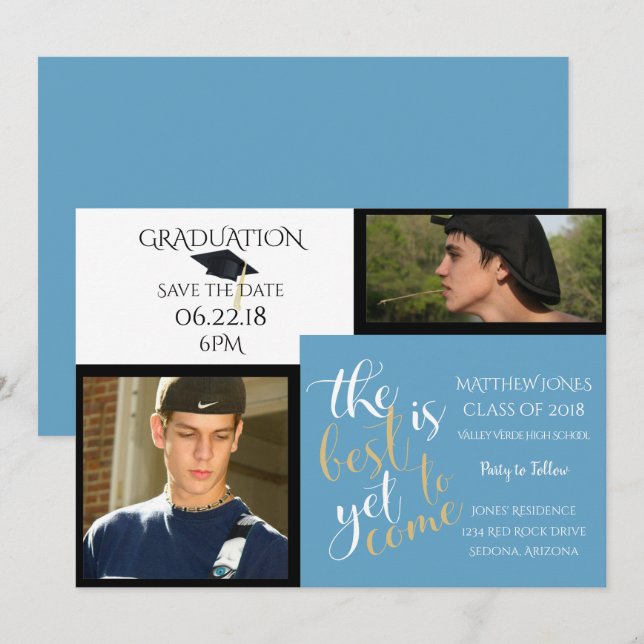 Invitación 2 FOTO y ELIJA COLOR Graduación azul blanco (Anverso / Reverso)