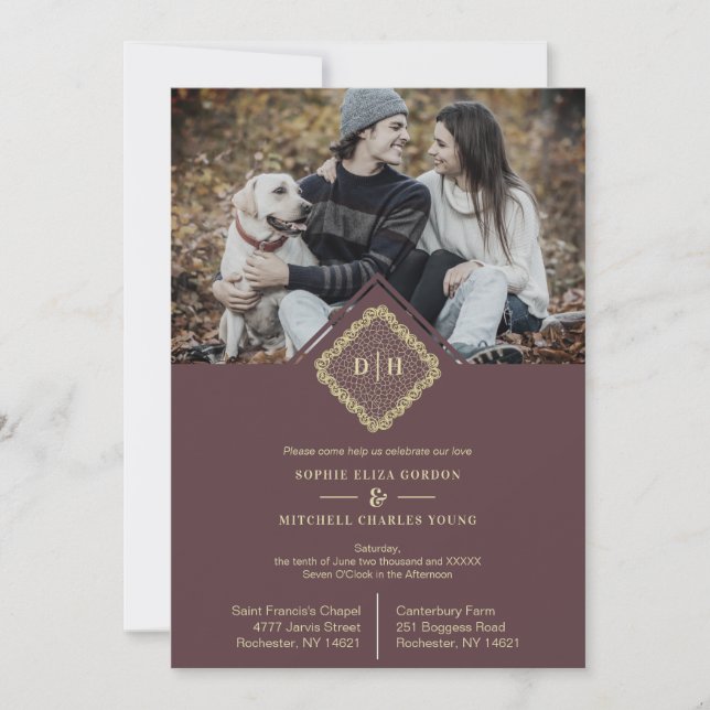 Invitación 2 Fotos Bodas Iniciales de encaje ornamental Elega (Anverso)