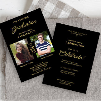 Invitación 2 fotos Doble Gemelos graduados Fake Golden Black