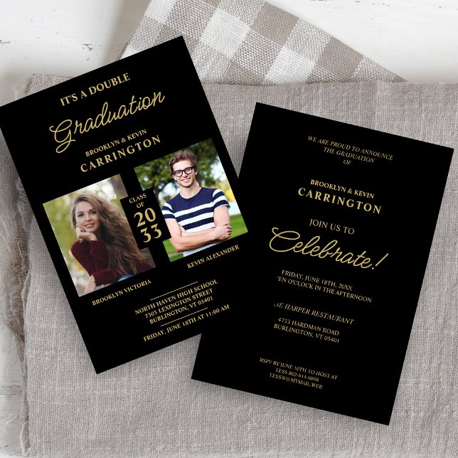 Invitación 2 fotos Doble Gemelos graduados Fake Golden Black (Subido por el creador)