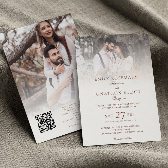 Invitación 2 Fotos Superponer código QR Boda formal (front and back view)