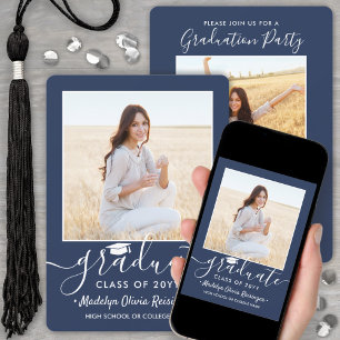 Invitación 2 Guión azul y blanco del partido de graduación fo