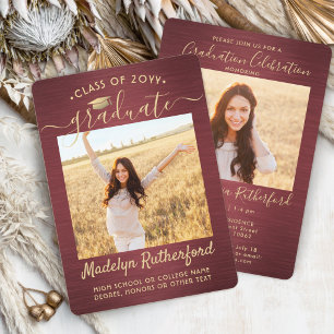 Invitación 2 Guión de Graduación con Foto Burgundy y Dorado P