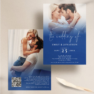 Invitación 2 guión de superposición de foto Boda azul QR