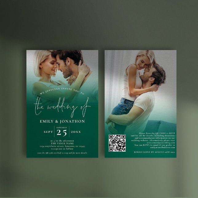 Invitación 2 guión superpuesto de fotografía QR Boda verde es (Front and back view. Available digitally and printed)