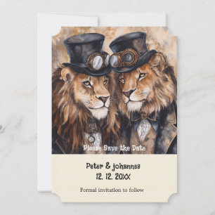 Invitación 2 leones machos steampunk Guarden la fecha