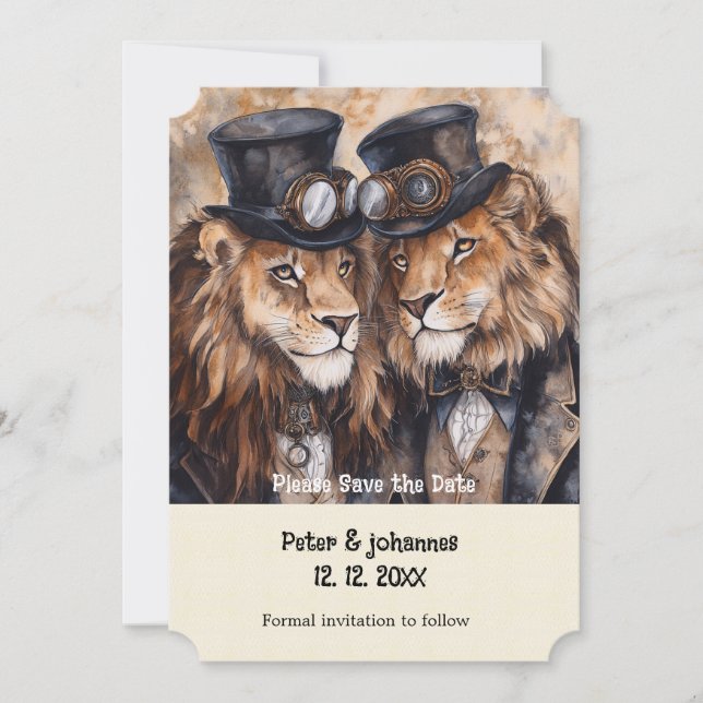 Invitación 2 leones machos steampunk Salven la fecha (Anverso)