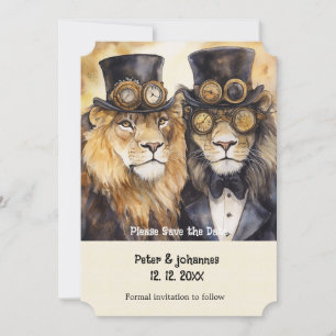 Invitación 2 leones machos steampunk Salven la fecha