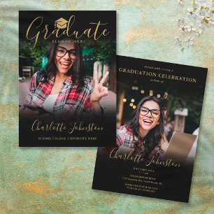 Invitación 2 Photo Black Gold Script Photo Graduation Party