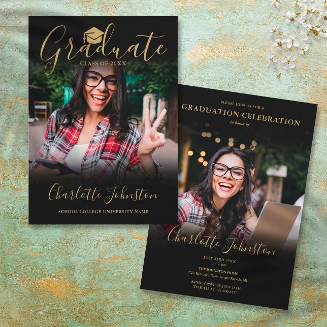 Invitación 2 Photo Black Gold Script Photo Graduation Party (2 Photo Black Gold Script Photo Graduation Party Invitation)