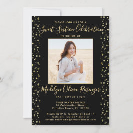 Invitación 2 Photo Sweet 16 Modern Black and Gold Purpurina