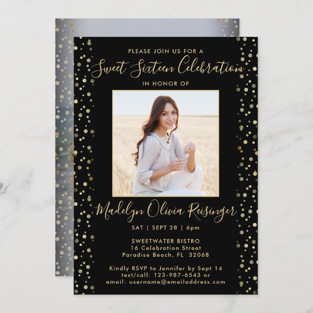 Invitación 2 Photo Sweet 16 Modern Black and Gold Purpurina (Anverso / Reverso)