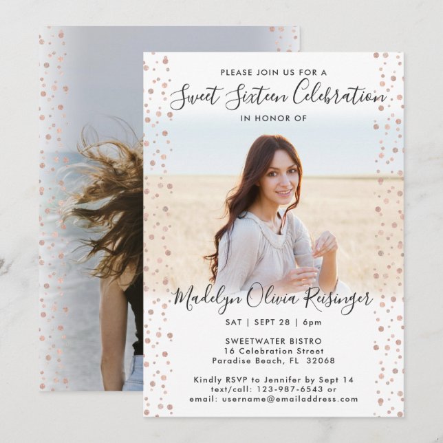 Invitación 2 Photo Sweet 16 Modern Pink Rose Gold Purpurina (Anverso / Reverso)