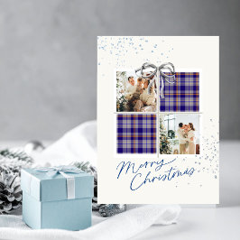 Invitación 2 Photo X-mas Present Card Blue Tartan Silver Bow