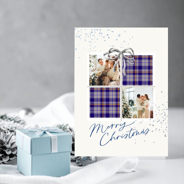Invitación 2 Photo X-mas Present Card Blue Tartan Silver Bow (Personalized Christmas card with two photo frames and festive holiday details)