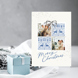 Invitación 2-Photo X-mas Present Card Nordic Knits Silver Bow
