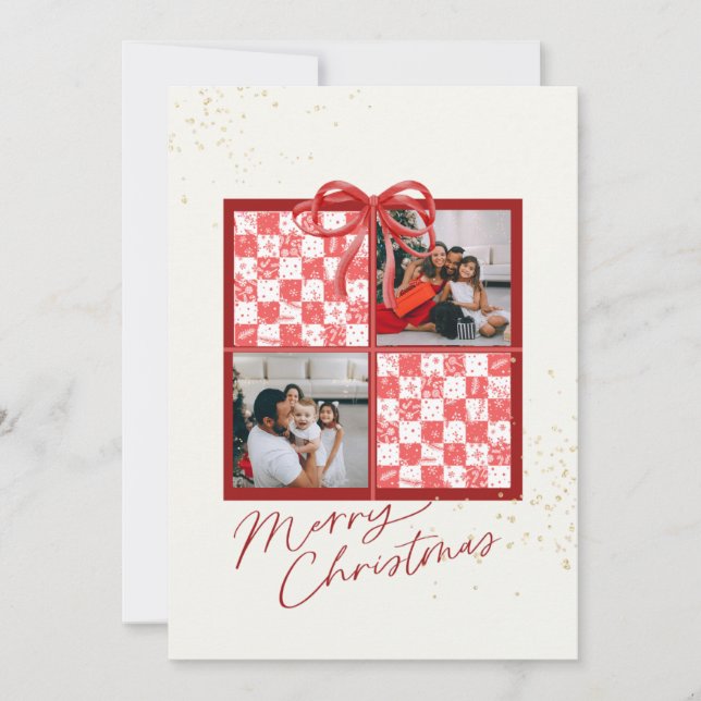 Invitación 2-Photo X-mas Present Card Red Gingham Snowflakes (Anverso)