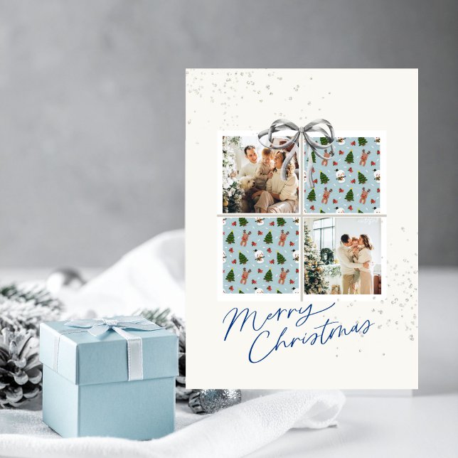 Invitación 2-Photo X-mas Present Card Rudolph Firs Silver Bow (Christmas card with two photo frames and festive holiday details)