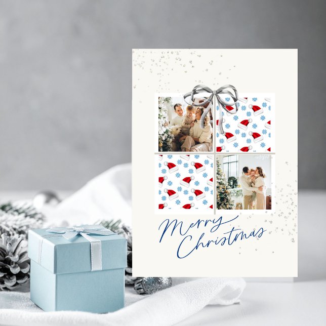 Invitación 2-Photo X-mas Present Card Santa Hats Silver Bow (Christmas card with two photo frames and festive holiday details in hues of blue)