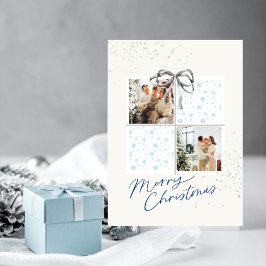 Invitación 2-Photo X-mas Present Card Soft Snow Silver Bow