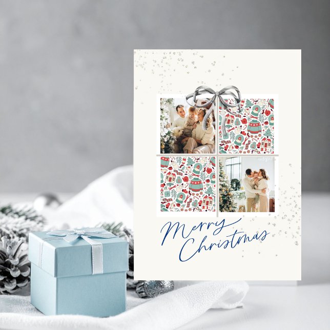 Invitación 2-Photo X-mas Present Card Ugly Sweater Silver Bow (Personalized Christmas card with two photo frames and festive holiday details)