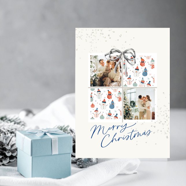 Invitación 2-Photo Xmas Present Card Happy Snowmen Silver Bow (Christmas card with two photo frames, a coquette silver bow and happy snowmen)