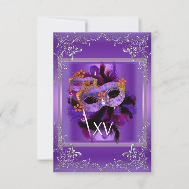 Invitación 2 Recepción Quinceanera Máscara de Mascarada Púrpu (Anverso)