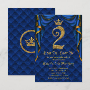 Invitación 2DO 2 DOS Fiesta de Cumpleaños Corona Real Azul Or