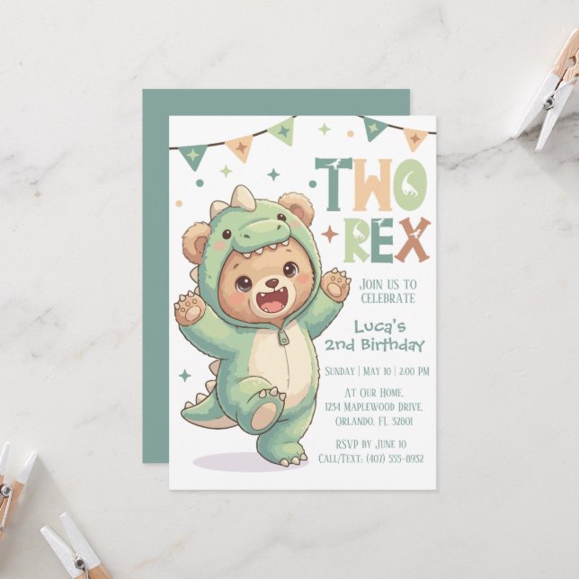 Invitación 2do Cumpleaños con Dino | Lindo Dinosaurio de Osit (Anverso/Reverso In Situ)